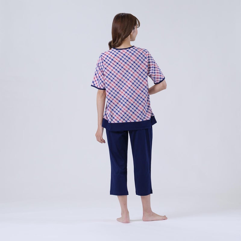 【DAKS】ハウスチェック天竺プリント半袖8分丈ズボンかぶりパジャマ無地ボトム