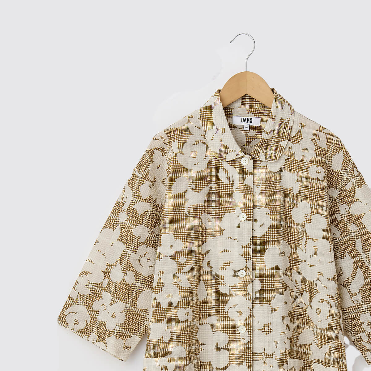 【DAKS】チェックオンフラワープリント80ローンリップル7分袖ホームドレス
