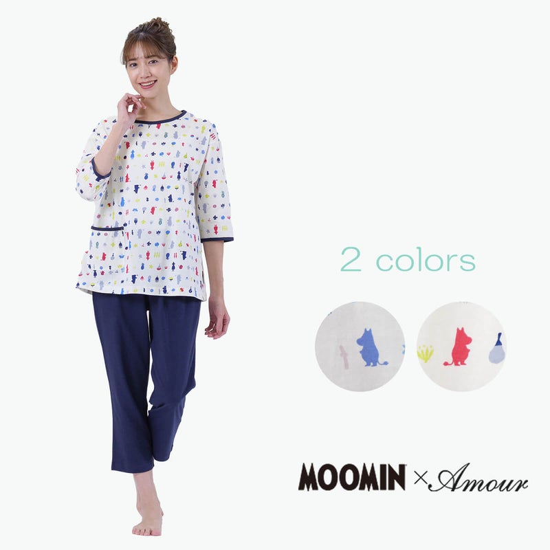 【MOOMINムーミン】×【Amourアムール】マルチカラー天竺プリント×無地ボトム7分袖・8分丈ズボンかぶりパジャマ