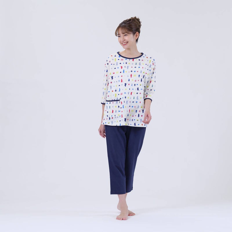 【MOOMINムーミン】×【Amourアムール】マルチカラー天竺プリント×無地ボトム7分袖・8分丈ズボンかぶりパジャマ