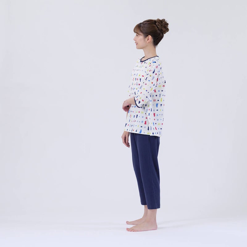 【MOOMINムーミン】×【Amourアムール】マルチカラー天竺プリント×無地ボトム7分袖・8分丈ズボンかぶりパジャマ