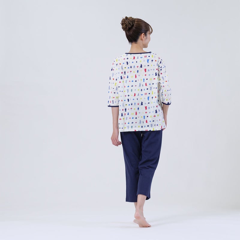 【MOOMINムーミン】×【Amourアムール】マルチカラー天竺プリント×無地ボトム7分袖・8分丈ズボンかぶりパジャマ