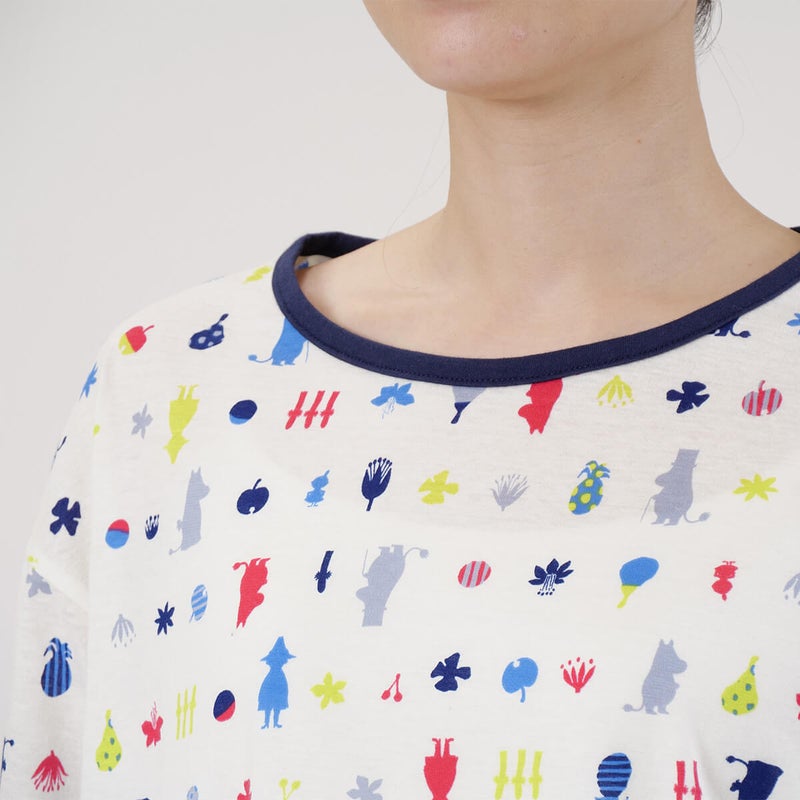 【MOOMINムーミン】×【Amourアムール】マルチカラー天竺プリント×無地ボトム7分袖・8分丈ズボンかぶりパジャマ