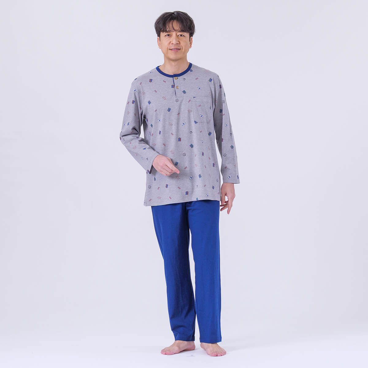 【5月18日限定ポイント10倍】【DAKS】［紳士］強撚天竺マリンプリントパジャマ無地ズボンメンズ綿100％日本製