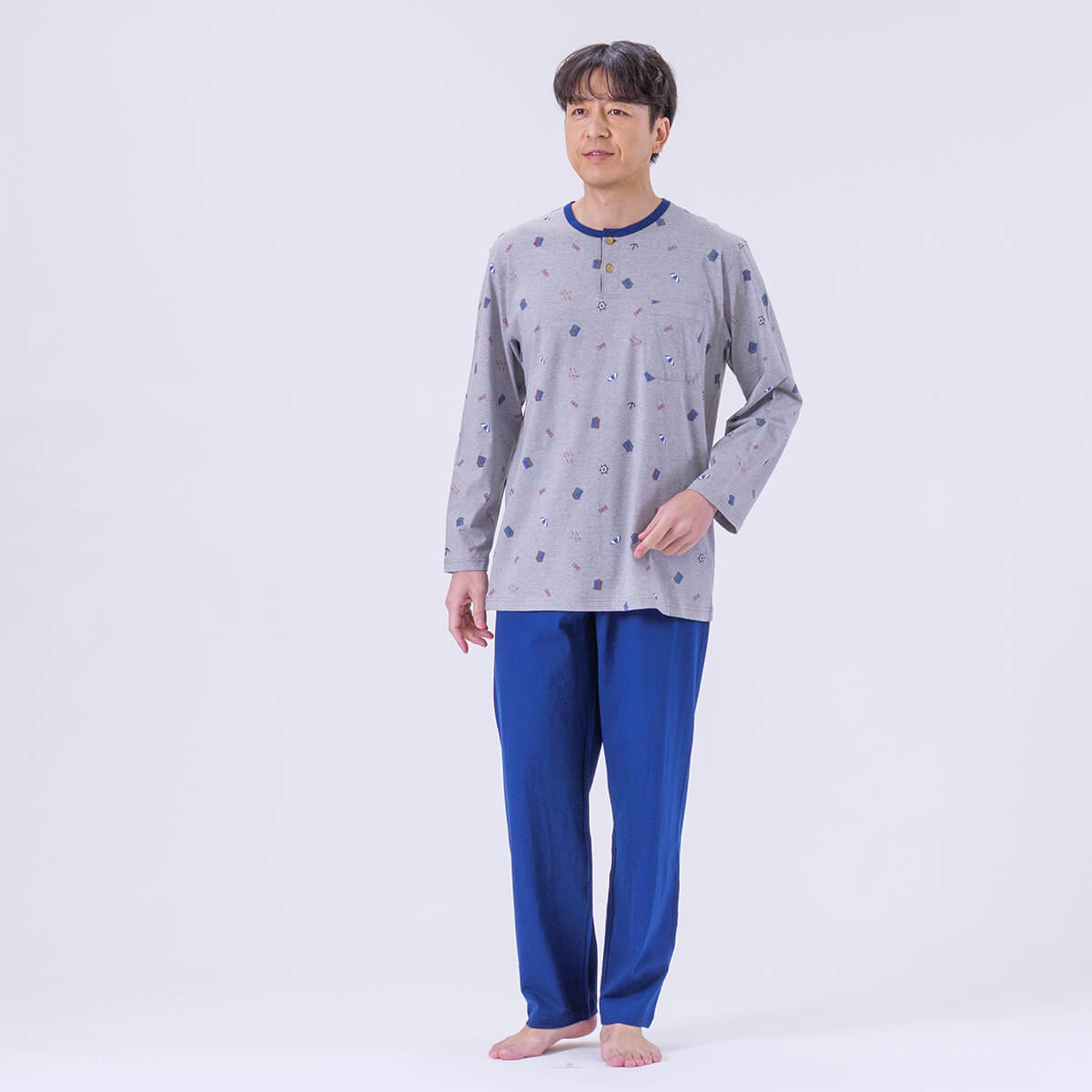 【5月18日限定ポイント10倍】【DAKS】［紳士］強撚天竺マリンプリントパジャマ無地ズボンメンズ綿100％日本製